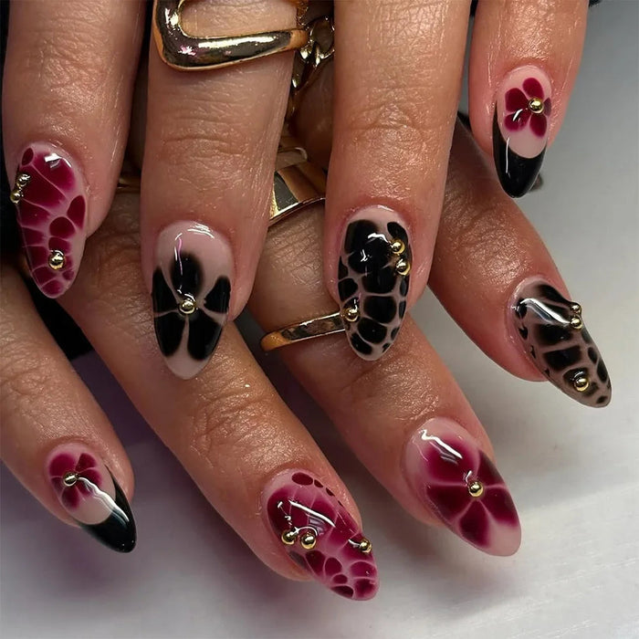 Burgundy Flower Press On Nails With Black Tips and Gold-Tone Accents