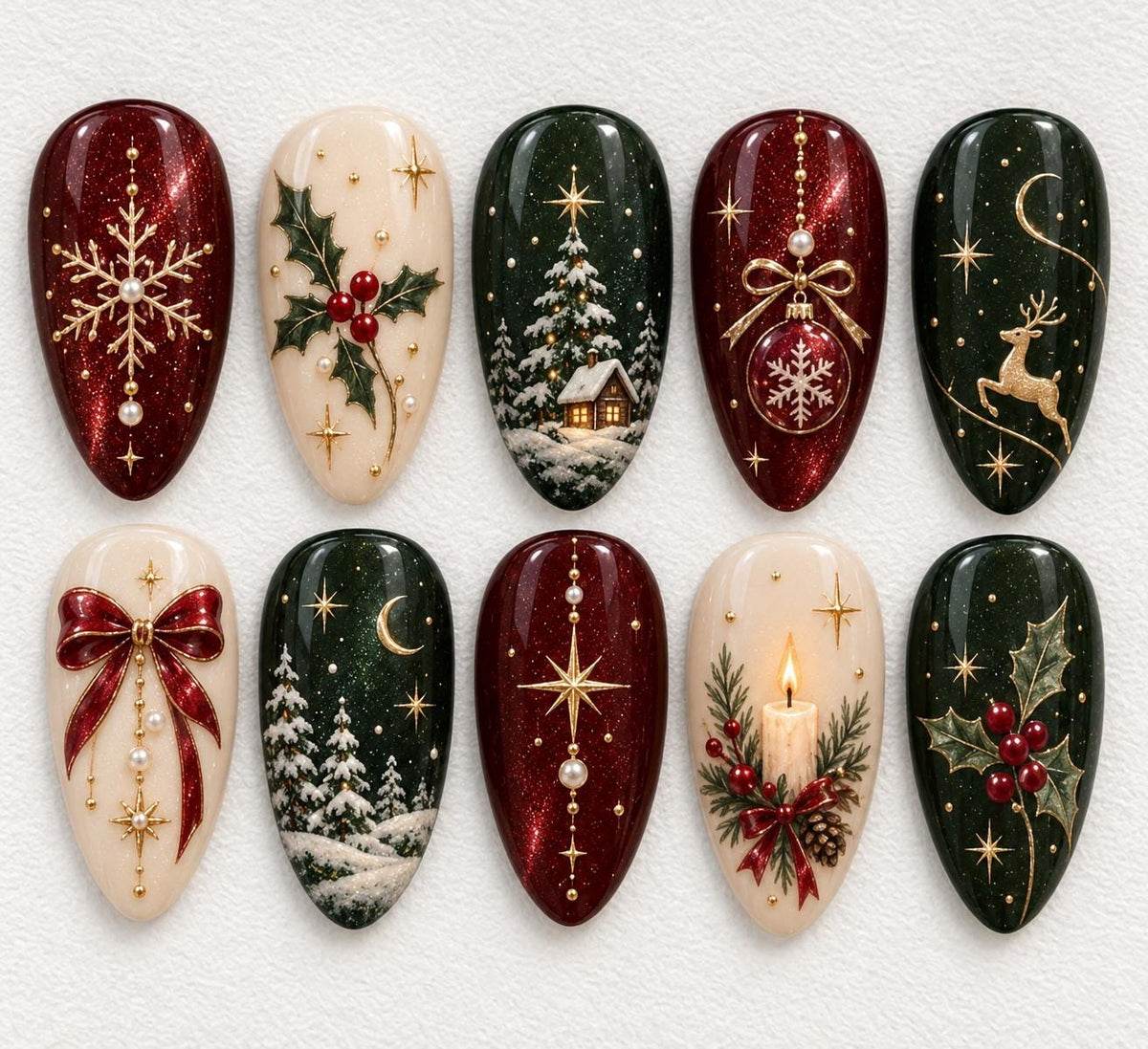 Burgundy, Forest Green and Ivory Christmas Nail Set With Gold Holiday Art