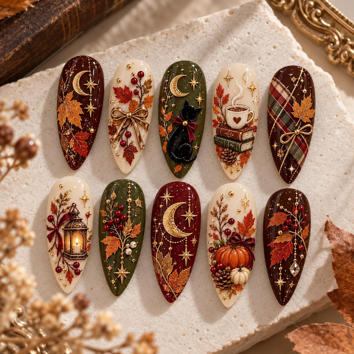 Burgundy, Forest Green and Ivory Halloween Nails with Plaid, Pumpkins and Gold Details