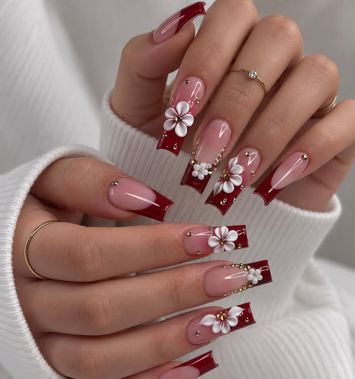 Burgundy French Tip Press On Nails With 3D White Flowers, Pearls and Rhinestones