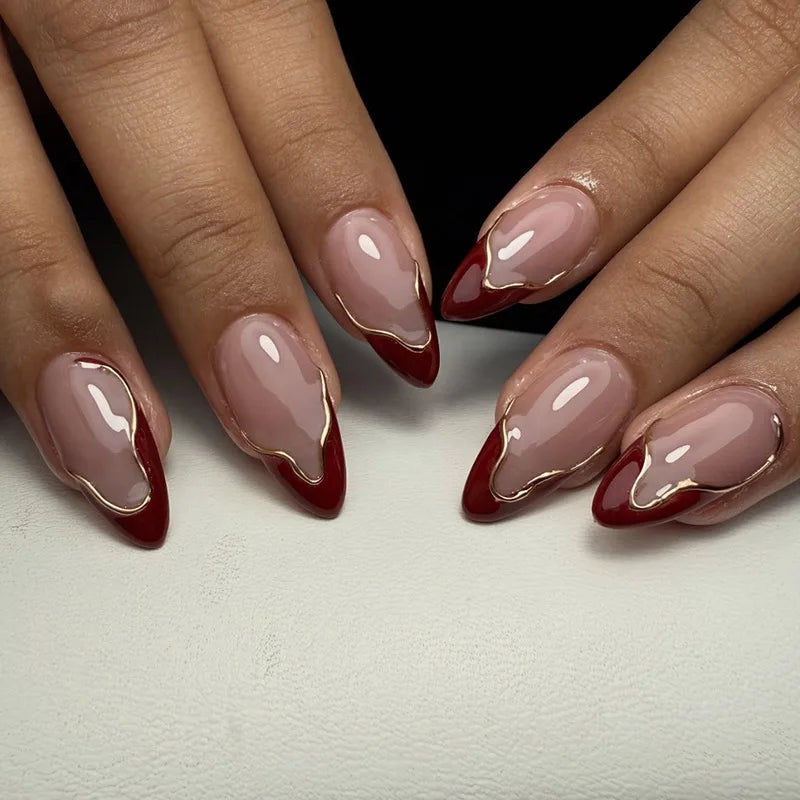 Burgundy French Tip Nails With Fine Gold Wavy Outlines
