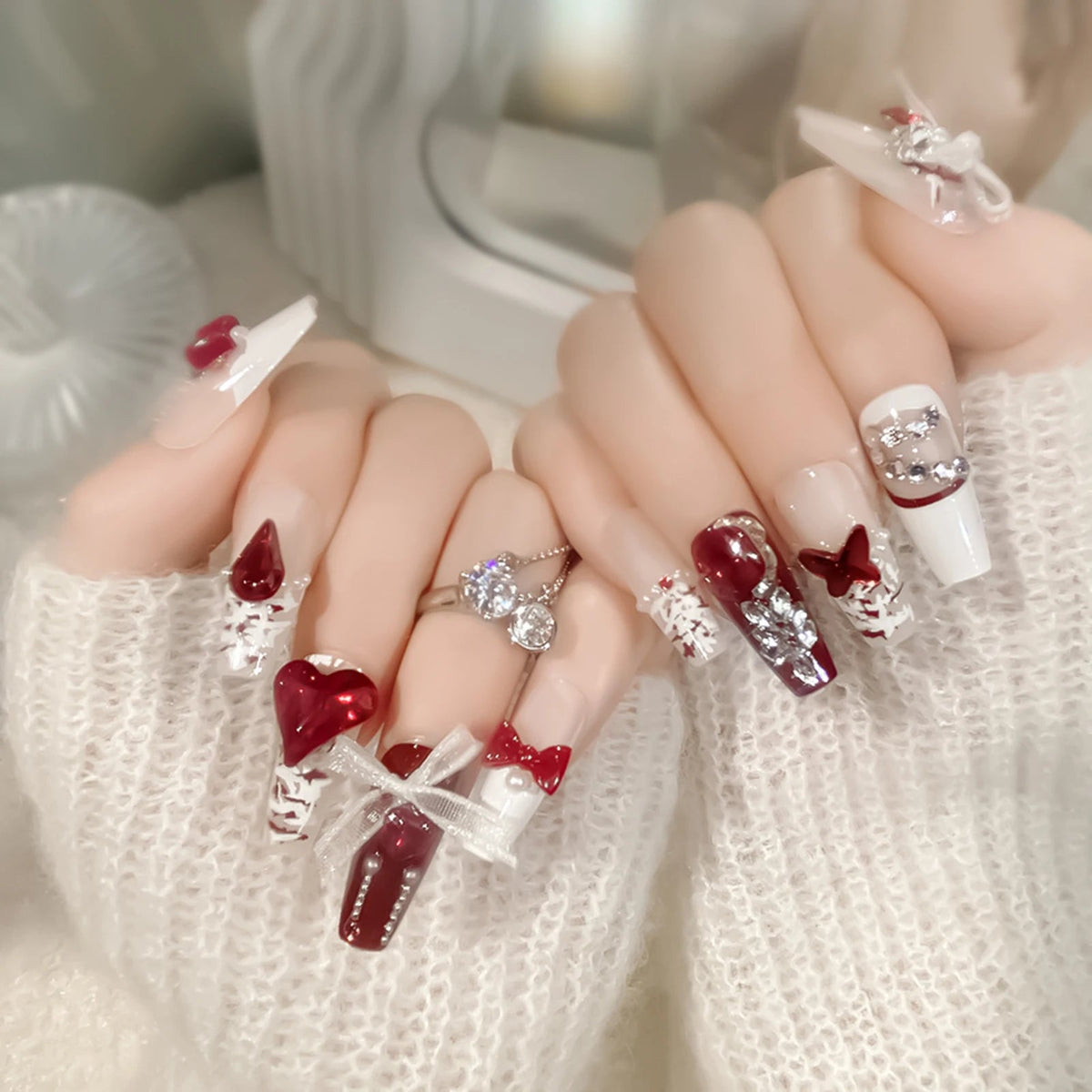 Burgundy French Tip Nails With Lace, Hearts, Bows and Rhinestones