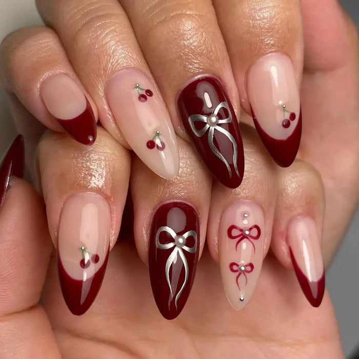 Burgundy French Tip Press On Nails with Silver Bows, Cherry Motifs and Gem Accents