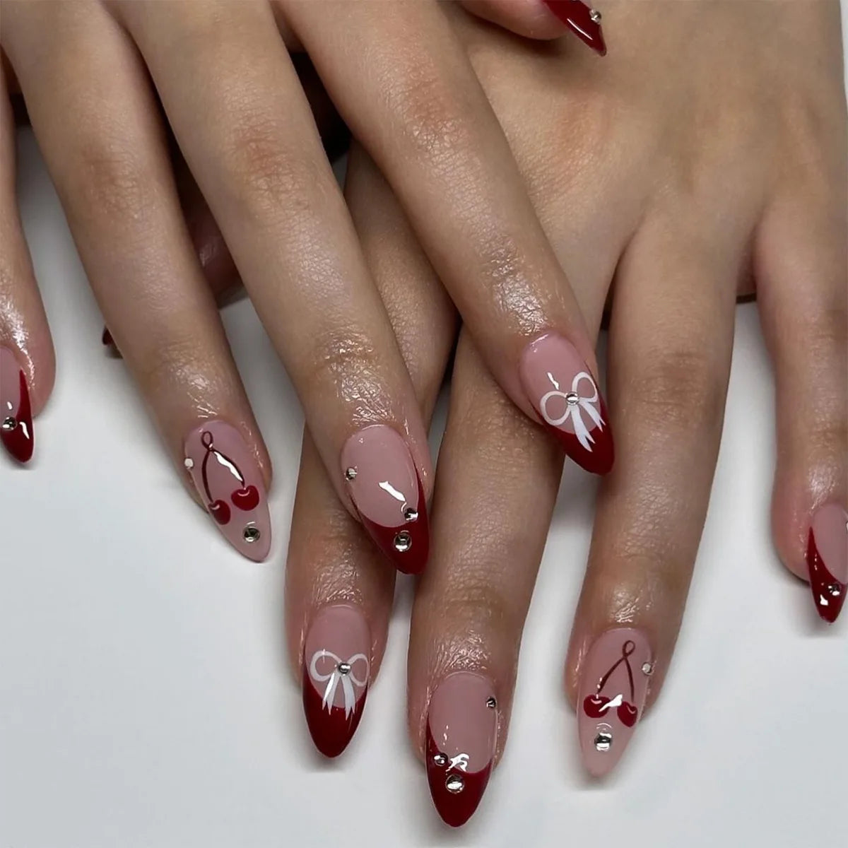 Burgundy French Tip Press On Nails with Bows, Cherries, and Rhinestones