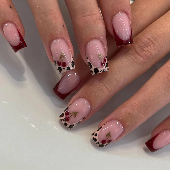 Burgundy French Tip Press On Nails with Cherry and Leopard Print