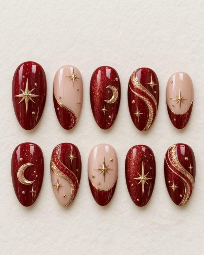 Burgundy Glitter Celestial Press-On Nails With Gold Moons and Stars