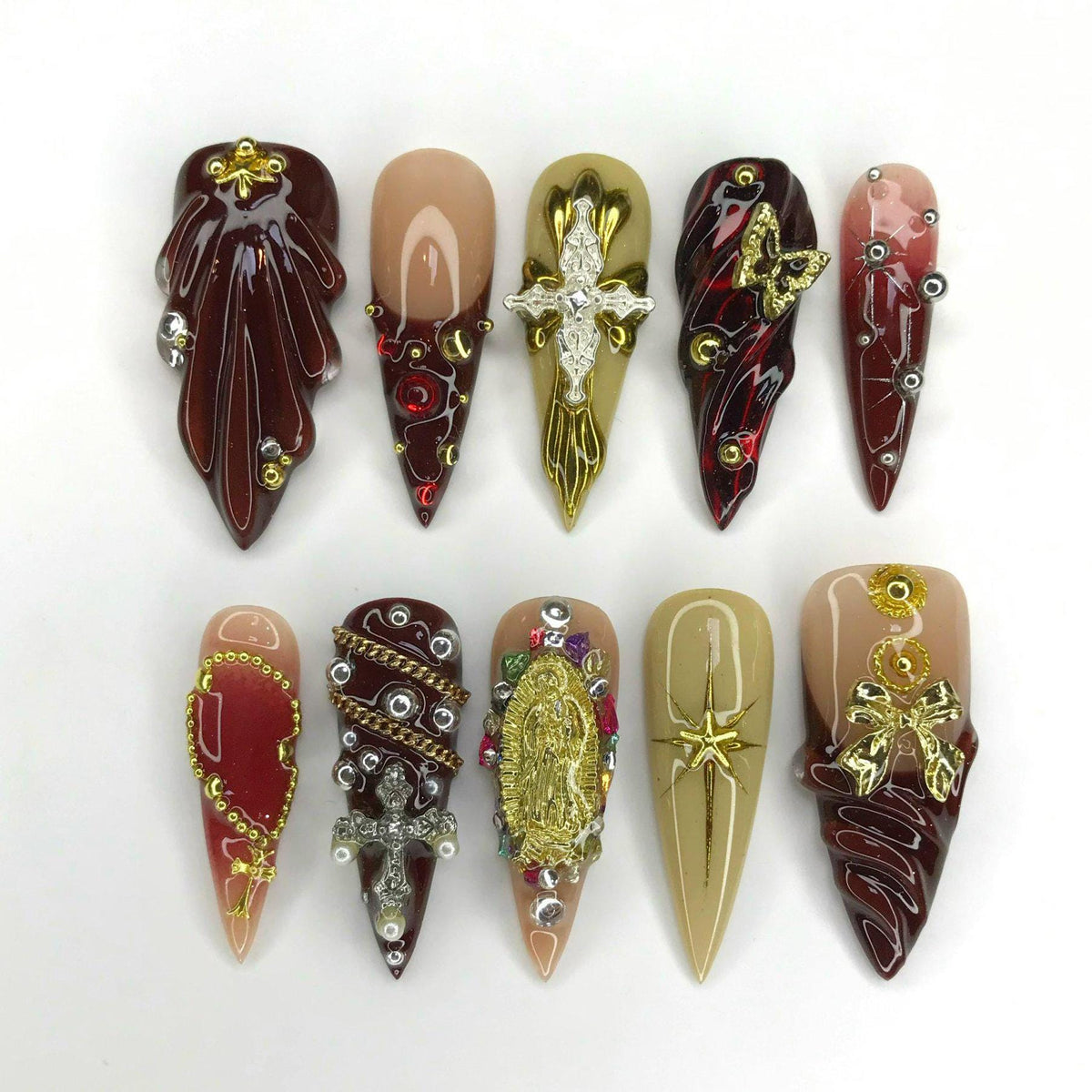 Burgundy, Gold & Nude Renaissance Nails with Ornate Crosses and Rhinestones