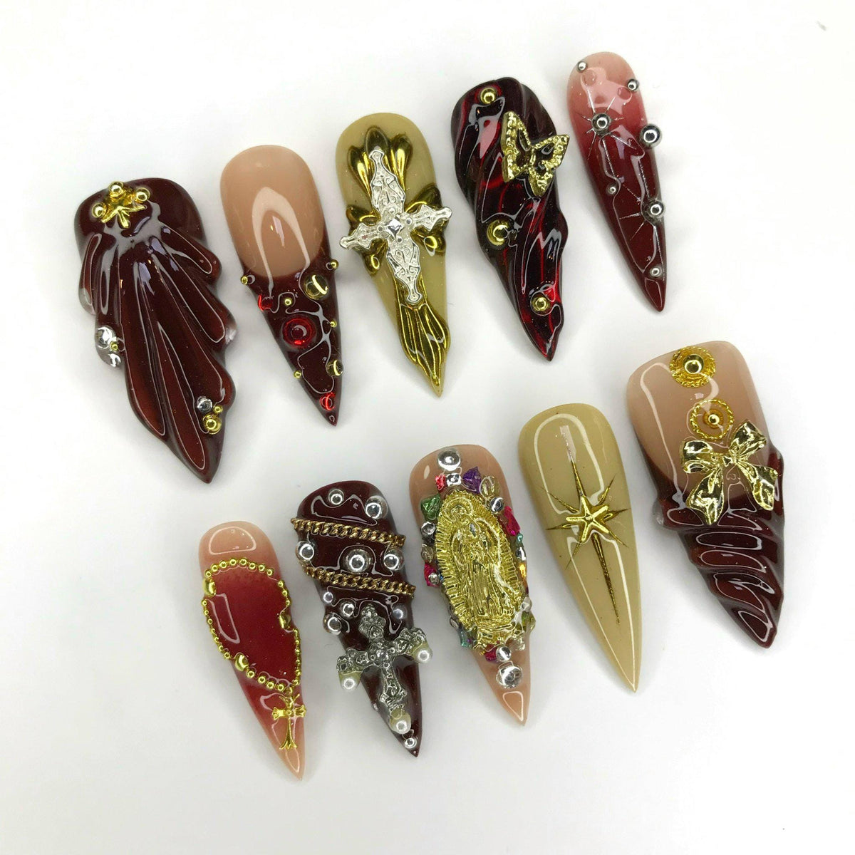 Burgundy, Gold & Nude Renaissance Nails with Ornate Crosses and Rhinestones