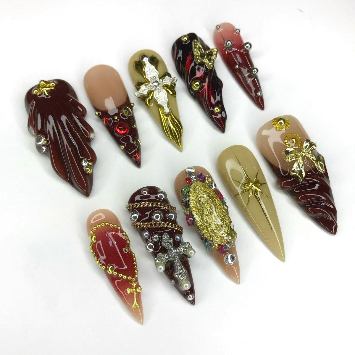 Burgundy, Gold & Nude Renaissance Nails with Ornate Crosses and Rhinestones
