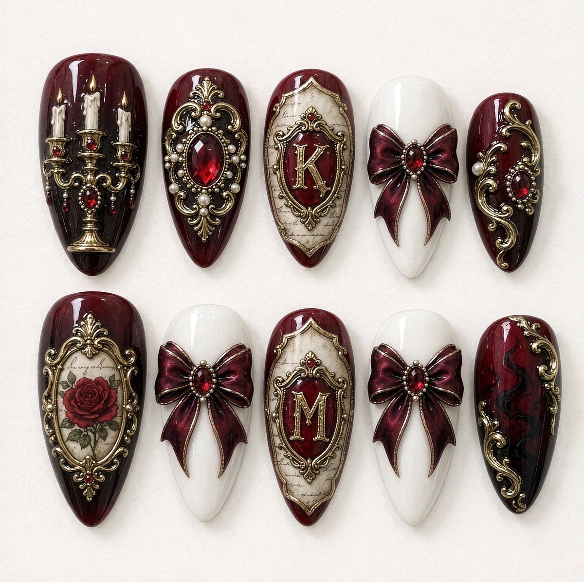 Burgundy Gothic Baroque Nails With Rose Cameo, Gold Filigree and Bows