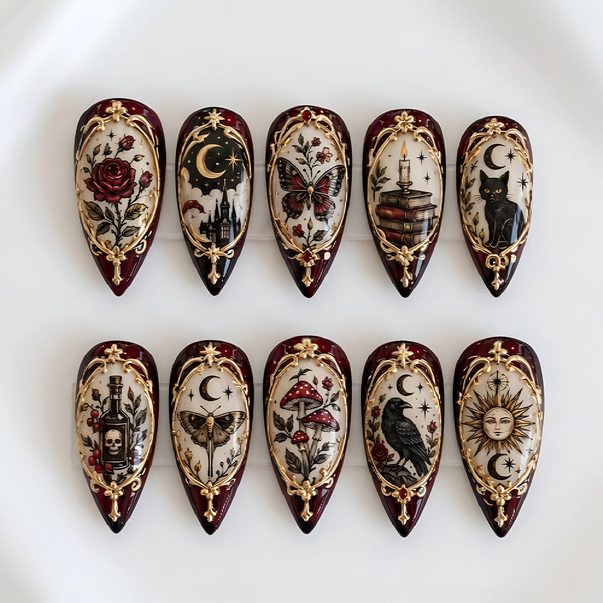 Burgundy Gothic Celestial Nails with Gold Moths, Roses and Moon Motifs