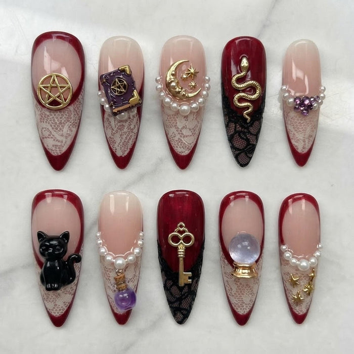 Burgundy Gothic Lace Press-On Nails With Black Cat, Snake, Pearls & Charms