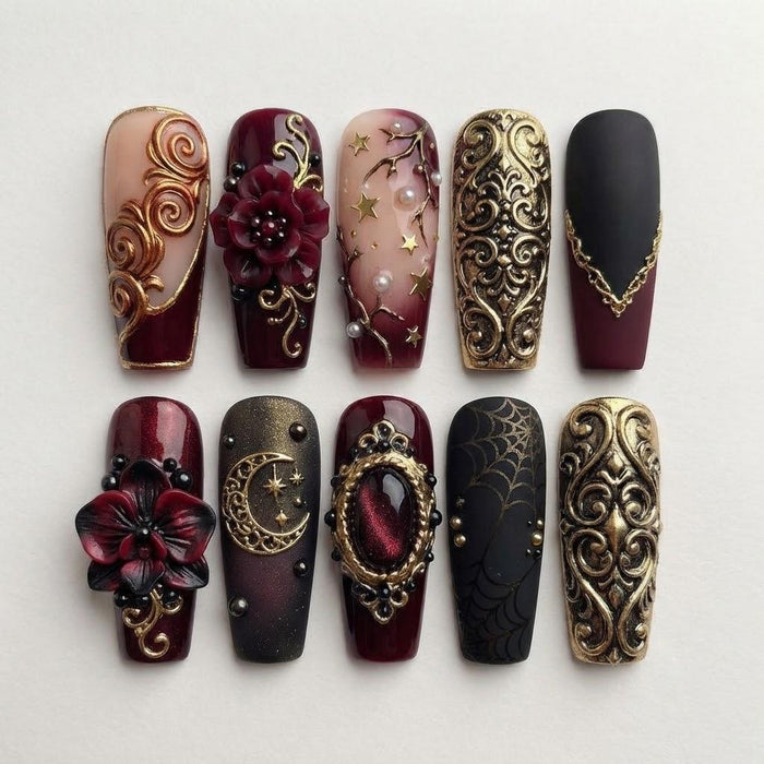 Burgundy Gothic Press On Nails With Sculpted Flowers, Gold Filigree, Moon and Stars
