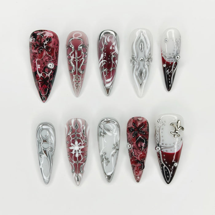 Burgundy Gothic Press On Nails with Silver Scrollwork and Marbled Flowers