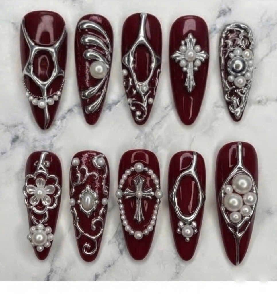 Burgundy Gothic Nails With Silver Scrollwork, Pearl Accents, Crosses and Flowers