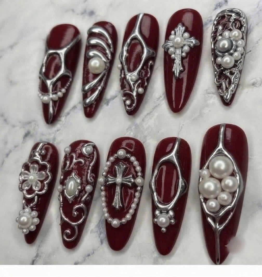 Burgundy Gothic Nails With Silver Scrollwork, Pearl Accents, Crosses and Flowers