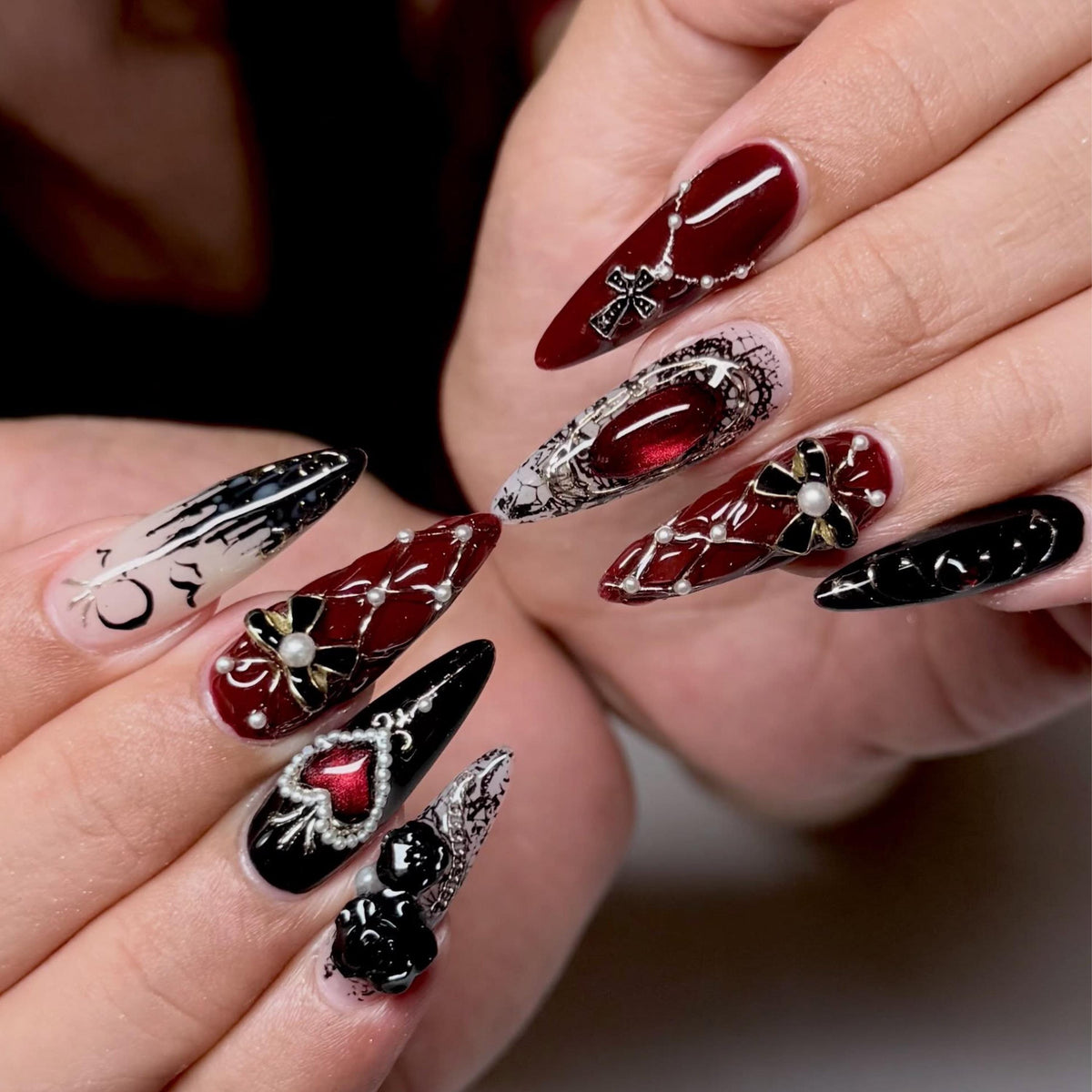 Burgundy Gothic Press On Nails with Silver Crosses, Red Heart Gems and 3D Black Bows
