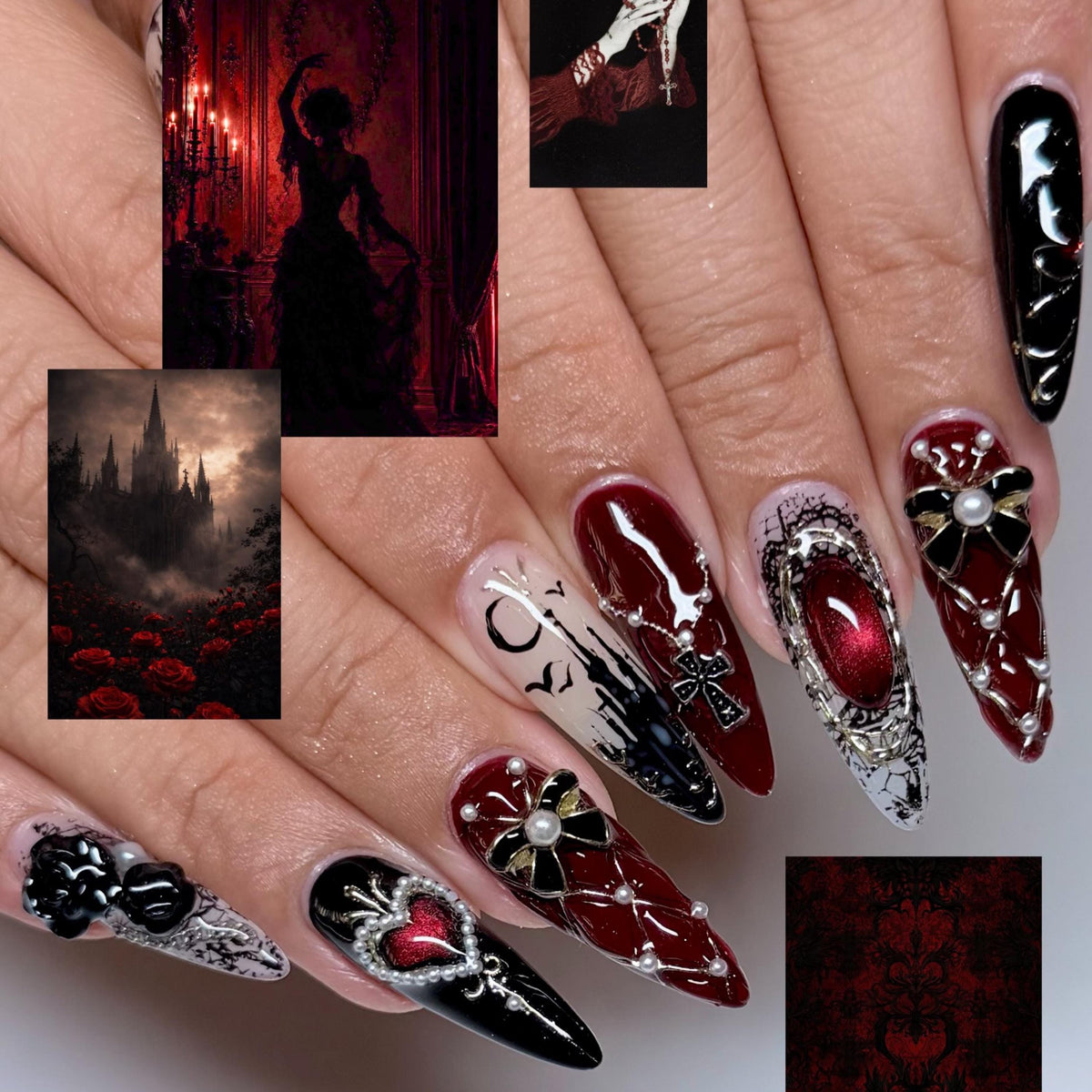 Burgundy Gothic Press On Nails with Silver Crosses, Red Heart Gems and 3D Black Bows