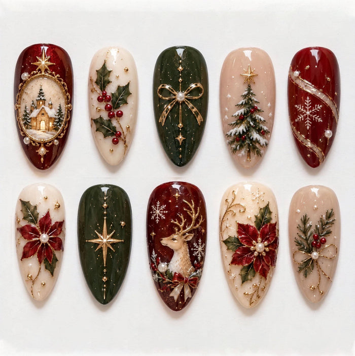 Burgundy, Green and Ivory Christmas Press On Nails with Holly, Poinsettias and Gold Details