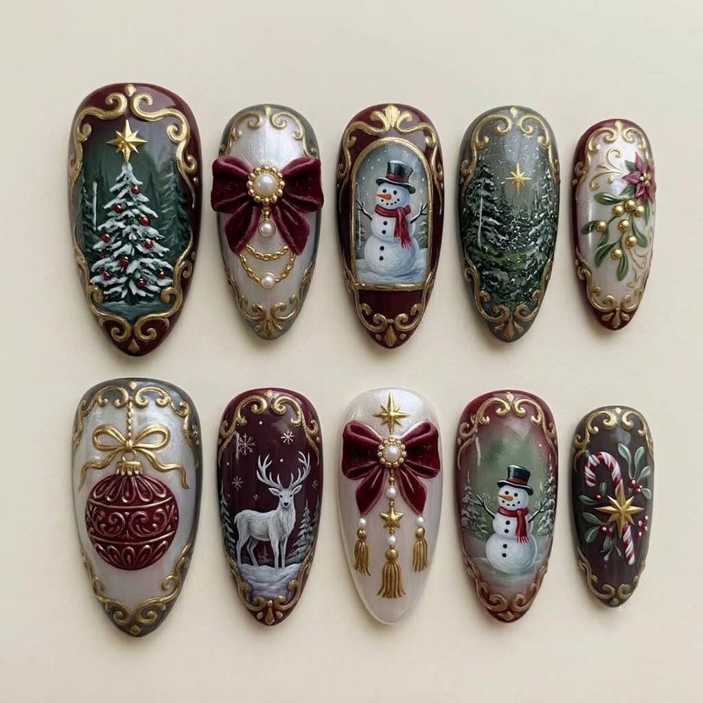 Burgundy, Green and Ivory Christmas Nails with Snowmen, Deer and Gold Scrollwork