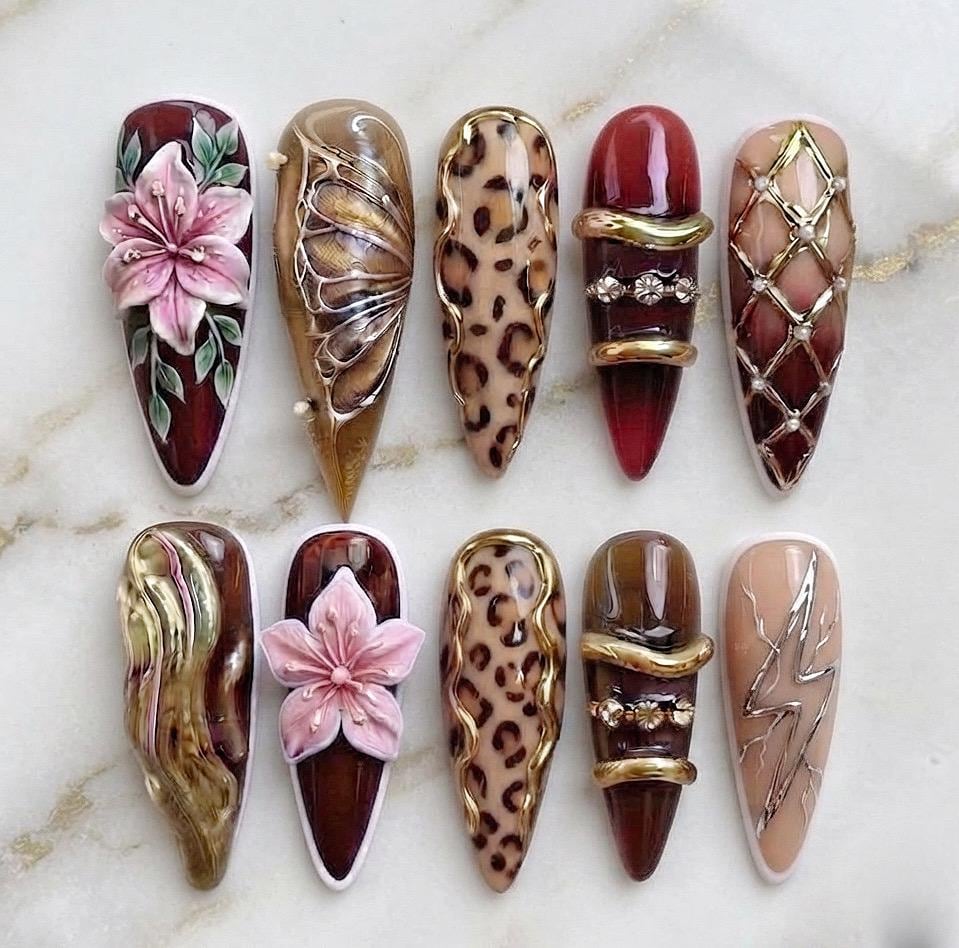Burgundy Leopard Floral Press-On Nail Set With Gold Details