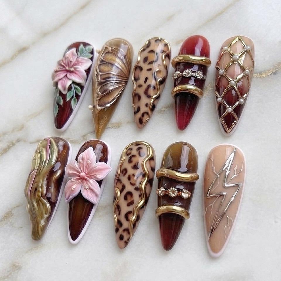 Burgundy Leopard Floral Press-On Nail Set With Gold Details