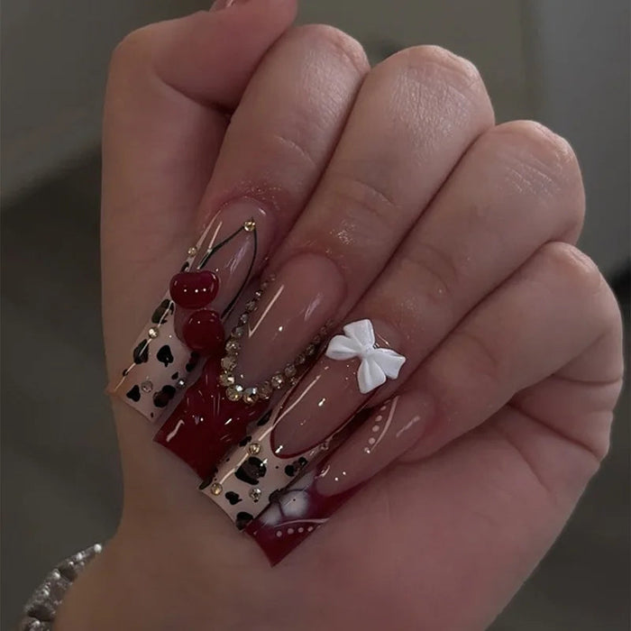 Burgundy Leopard French Tip Press On Nails With 3D Cherries and Bow