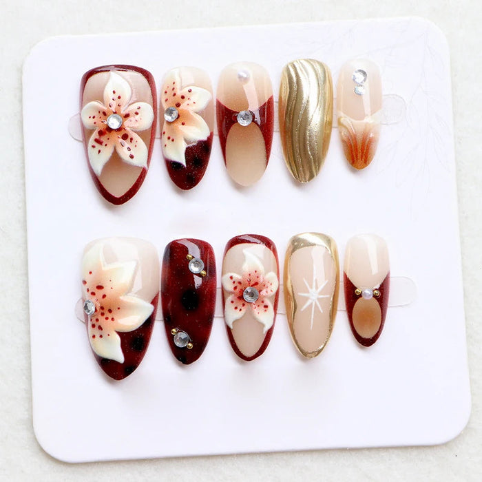 Burgundy Lily Press-On Nails With Gold Accents and Rhinestones