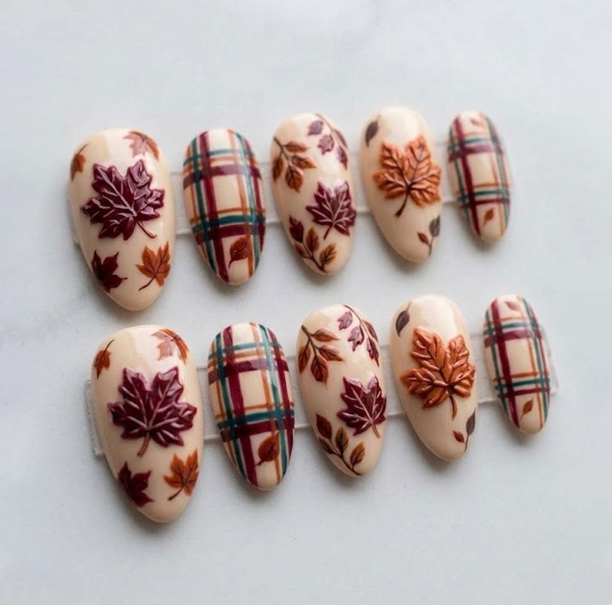 Burgundy Maple Leaf and Plaid Autumn Press On Nails
