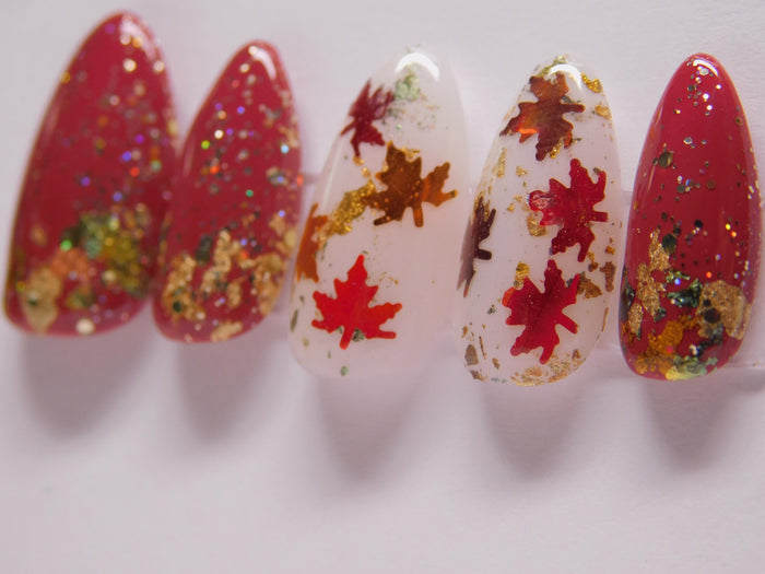 Burgundy Maple Leaf Press-On Nails With Gold Foil and Multicolor Glitter