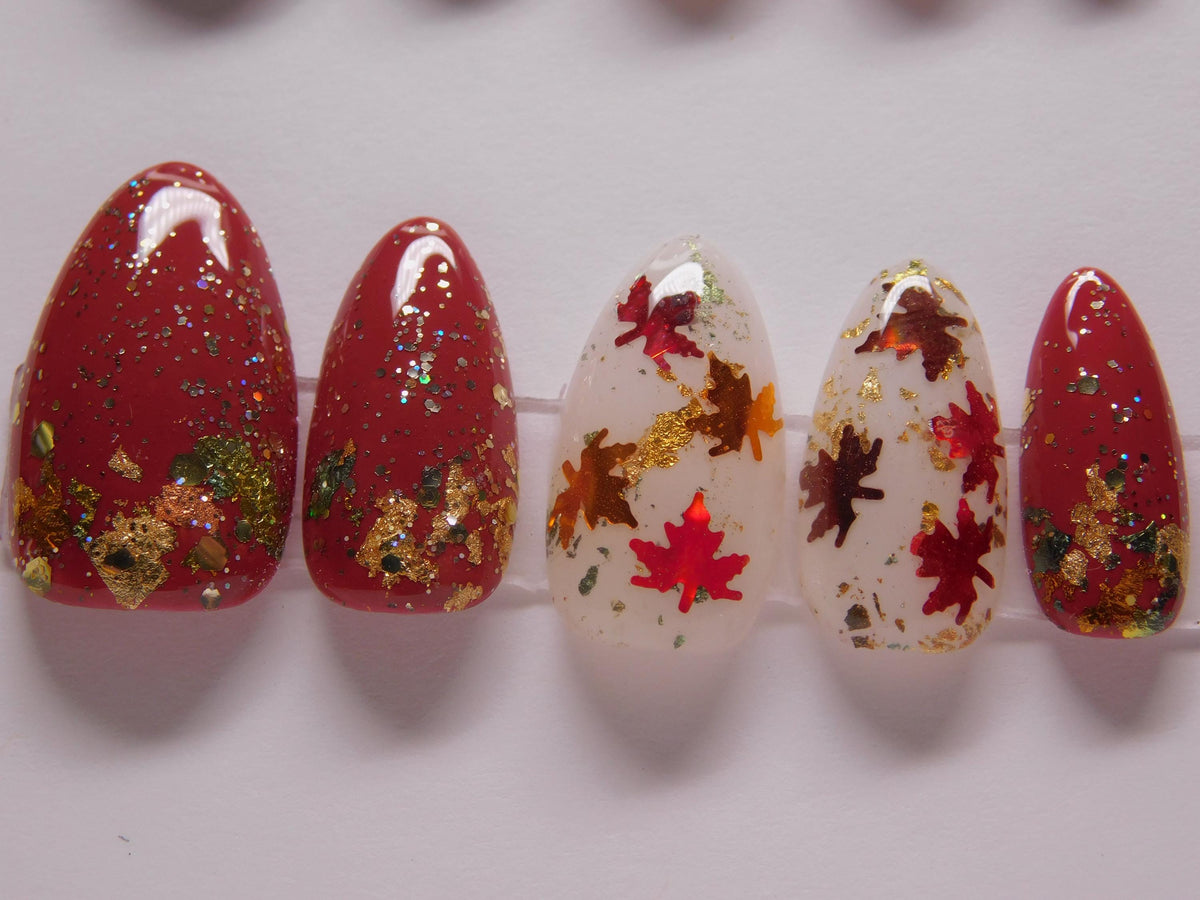 Burgundy Maple Leaf Press-On Nails With Gold Foil and Multicolor Glitter
