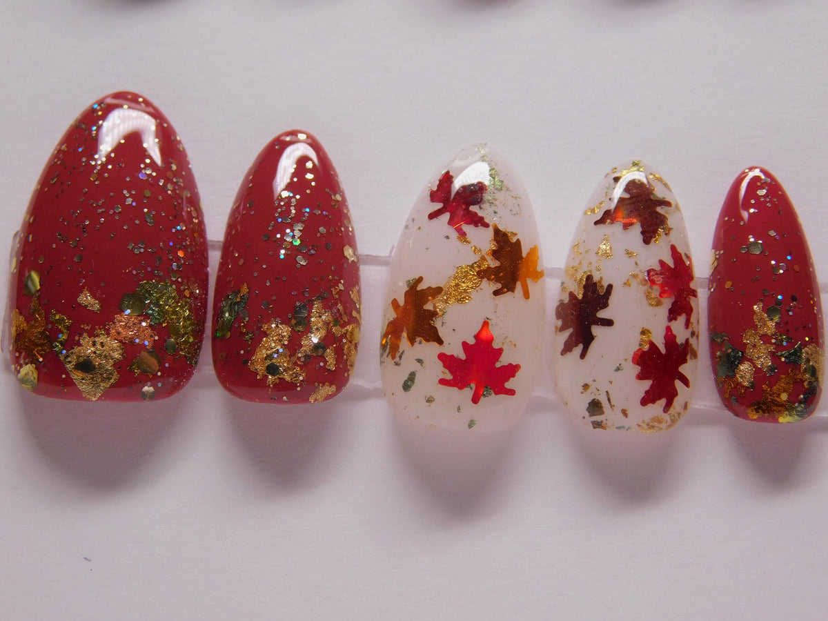 Burgundy Maple Leaf Press-On Nails With Gold Foil and Multicolor Glitter