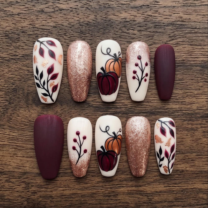 Burgundy Matte and Rose Gold Glitter Pumpkin Botanical Fall Press On Nail Set