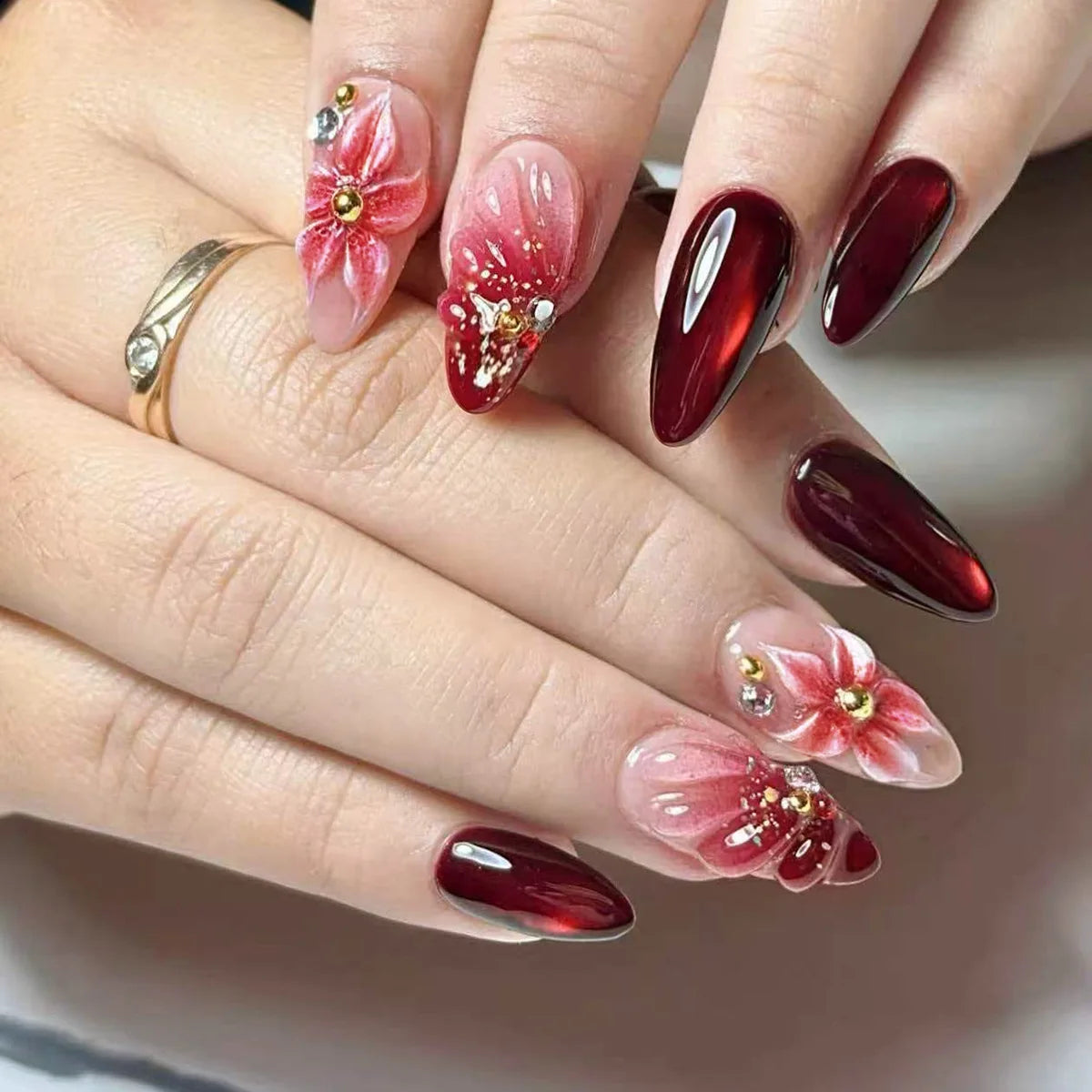 Burgundy Ombre Floral 3D Press On Nails With Gold Studs