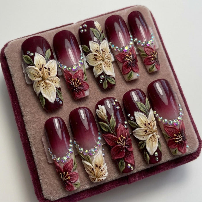 Burgundy Ombre Floral Press On Nails with Raised Flowers and Iridescent Rhinestones