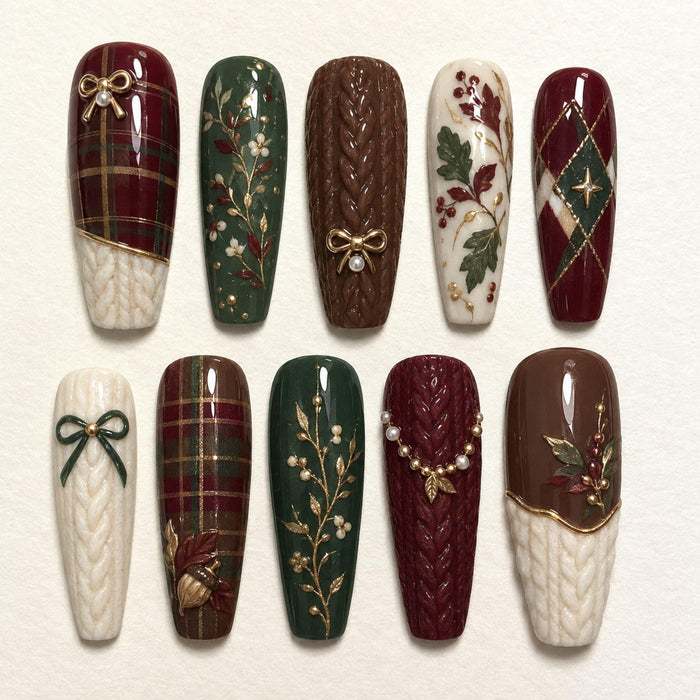 Burgundy Plaid and Cable Knit Press On Nails With Botanical Sprigs, Bows and Gold Accents