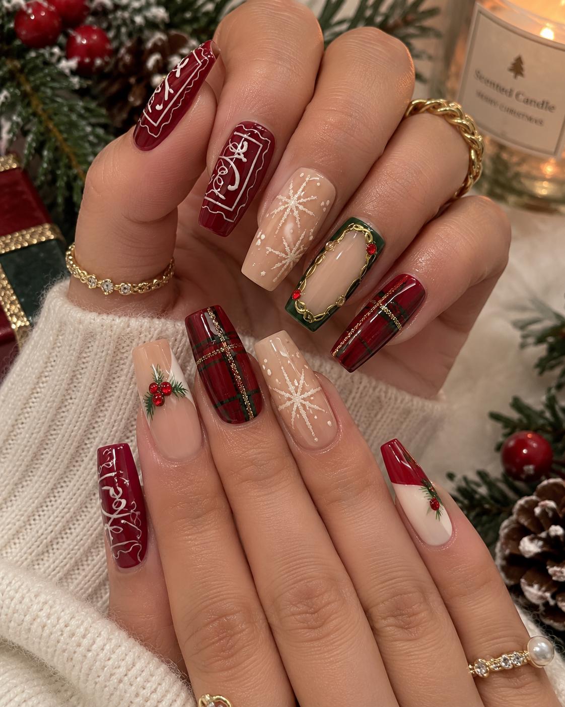 Burgundy Plaid Christmas Nails with White Snowflakes and Holly Details