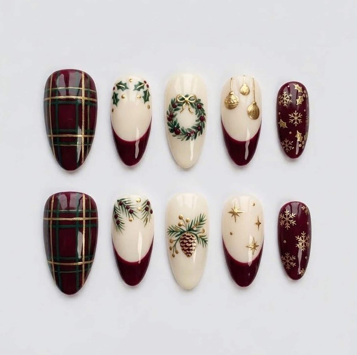 Burgundy Plaid Christmas Nails With Wreaths, Pinecones and Gold Snowflakes