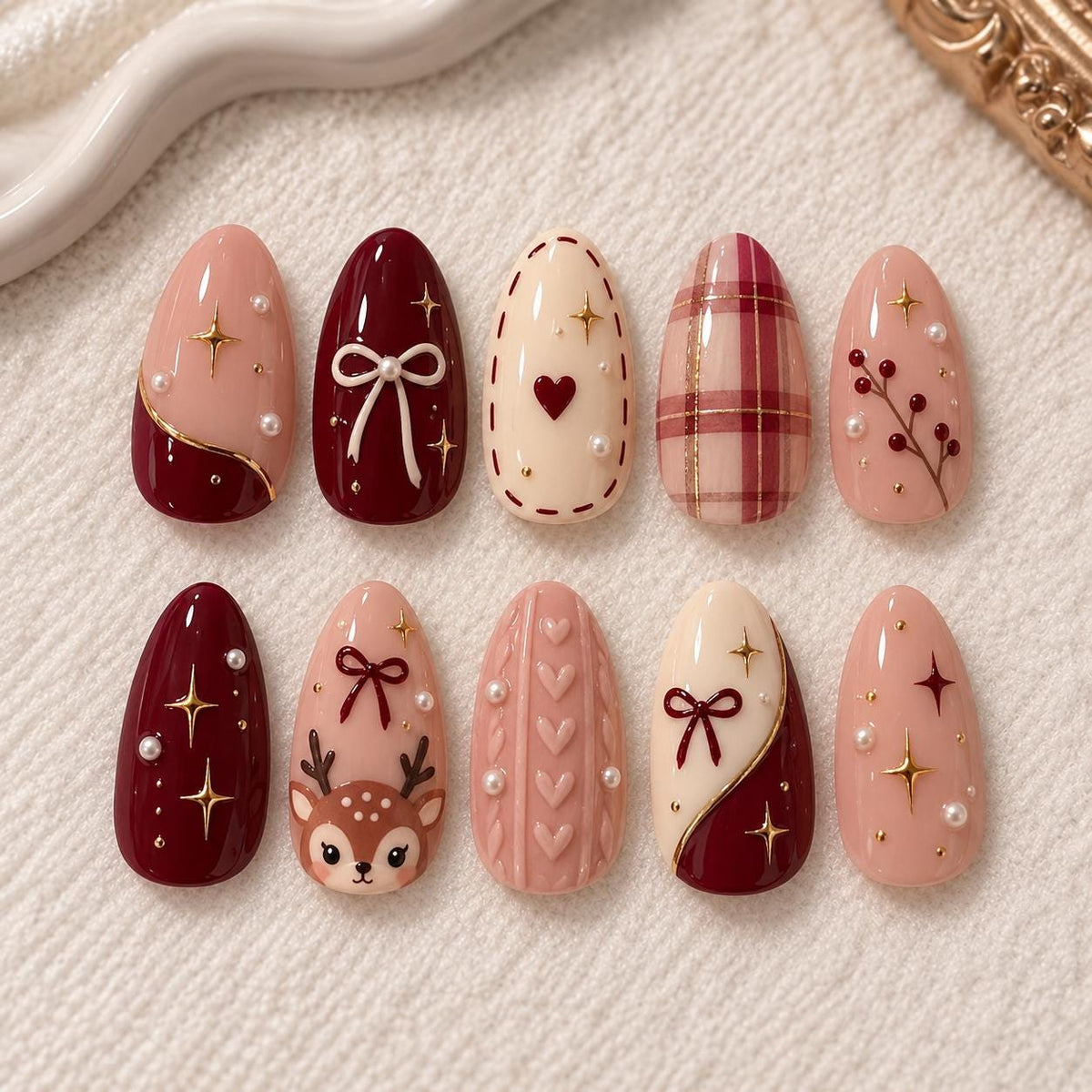 Burgundy Plaid Reindeer Christmas Nails with Bows, Hearts and Gold Details