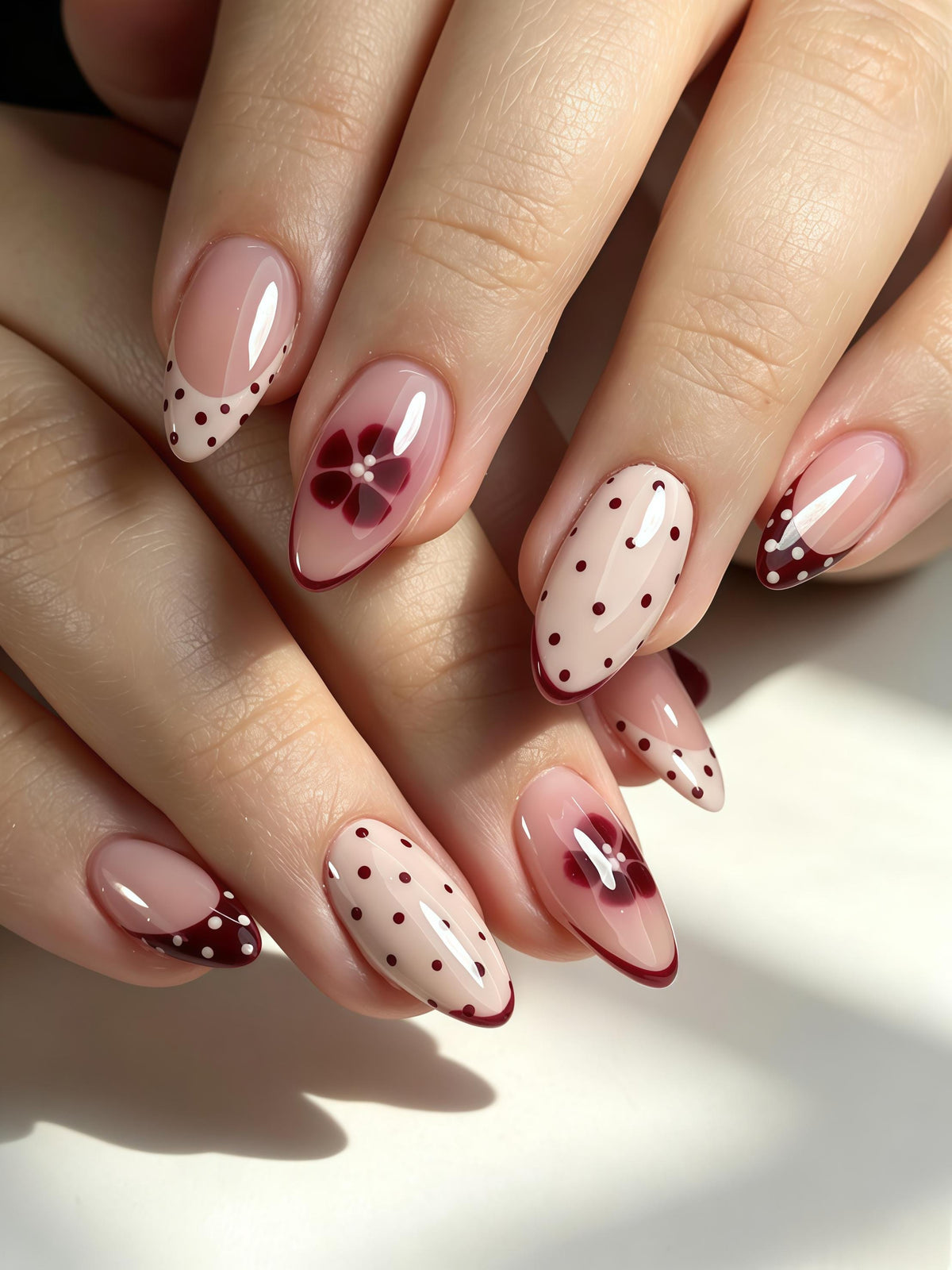 Burgundy Polka Dot and Floral Press-On Nail Set