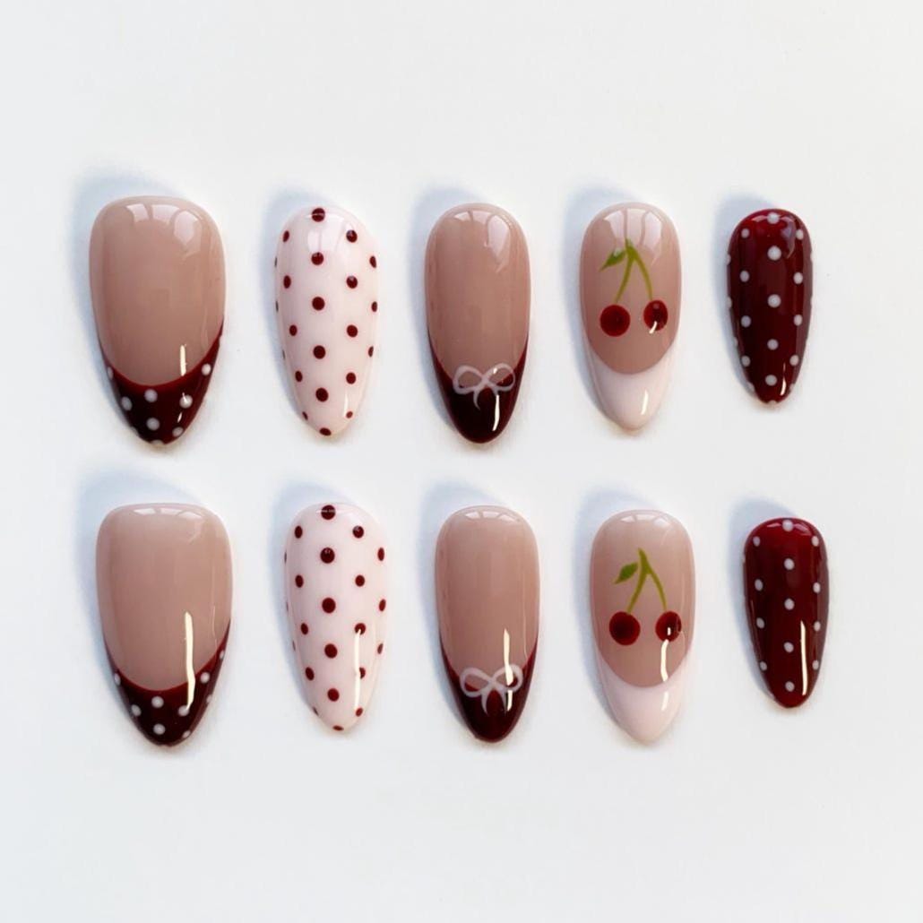 Burgundy Polka Dot, Cherry and Bow Nail Set