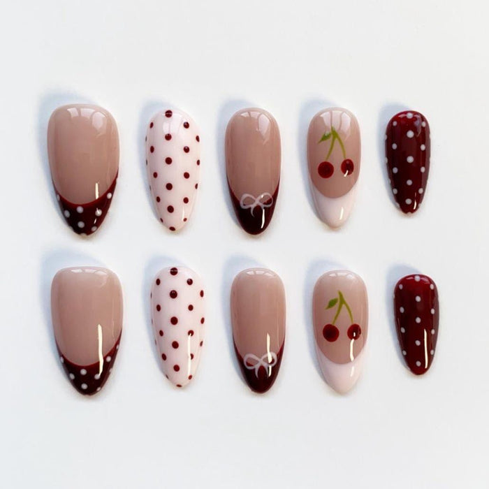 Burgundy Polka Dot, Cherry and Bow Press On Nail Set