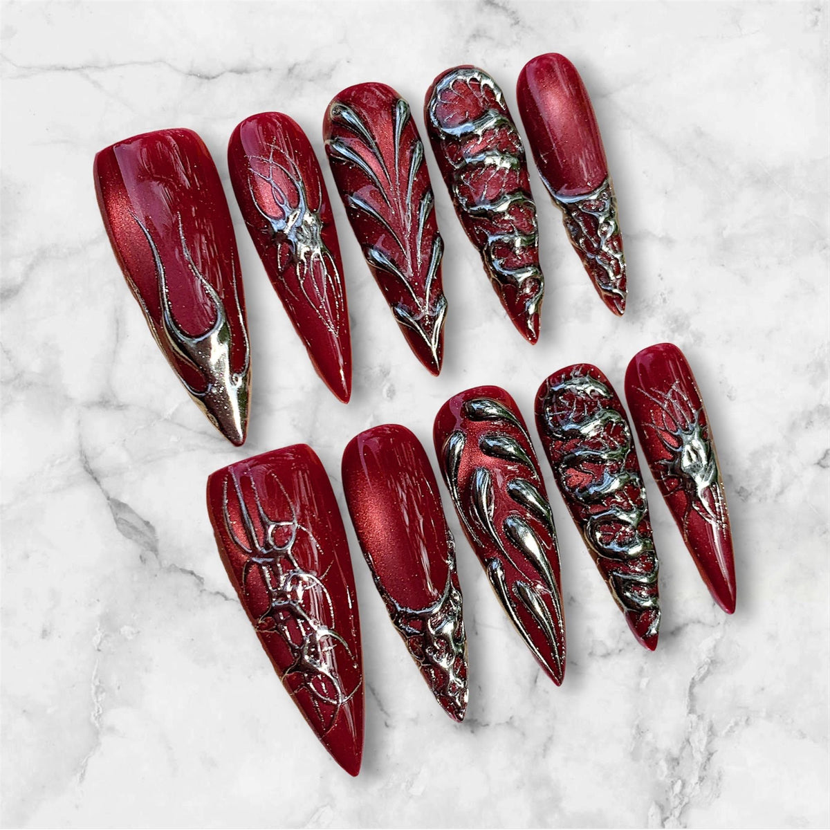 Burgundy Press On Nails With Sculpted Silver Gothic Details