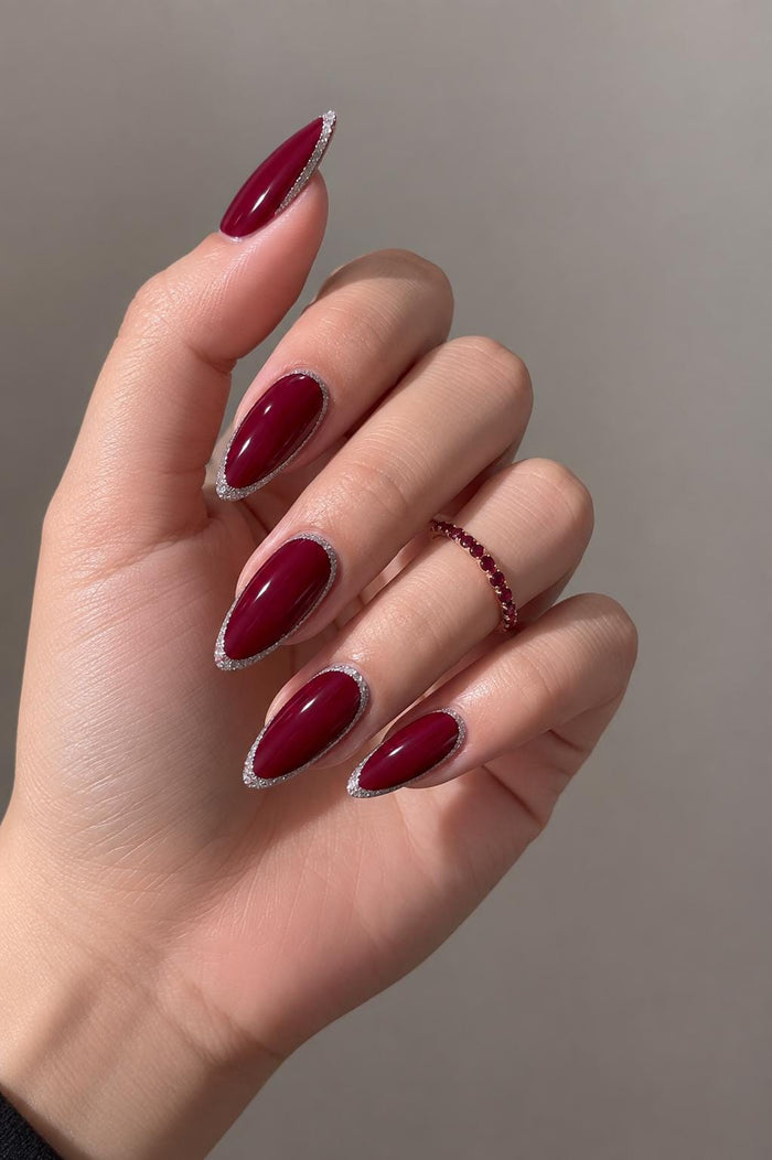 Burgundy Press-On Nails With Silver Glitter Frames