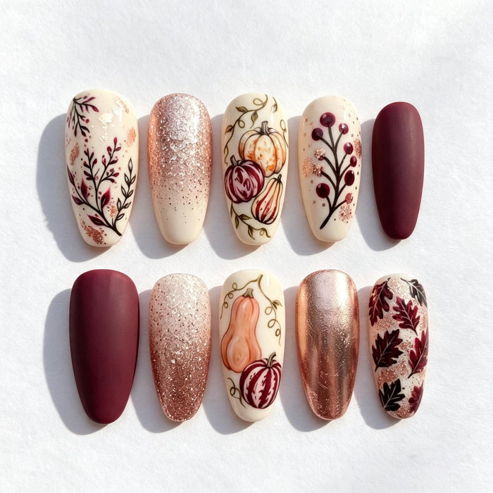Burgundy Pumpkin and Autumn Foliage Press On Nails with Rose Gold Glitter