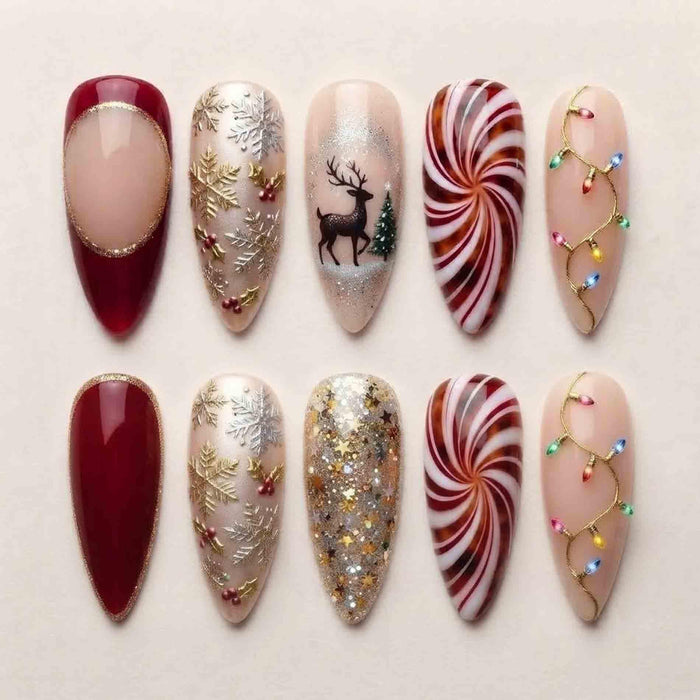 Burgundy Reindeer and Peppermint Christmas Press On Nail Set with Gold Snowflakes