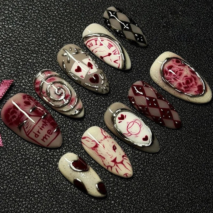 Burgundy Rose and Argyle Press On Nail Set with Hearts, Clock Faces, and Sculptural Details