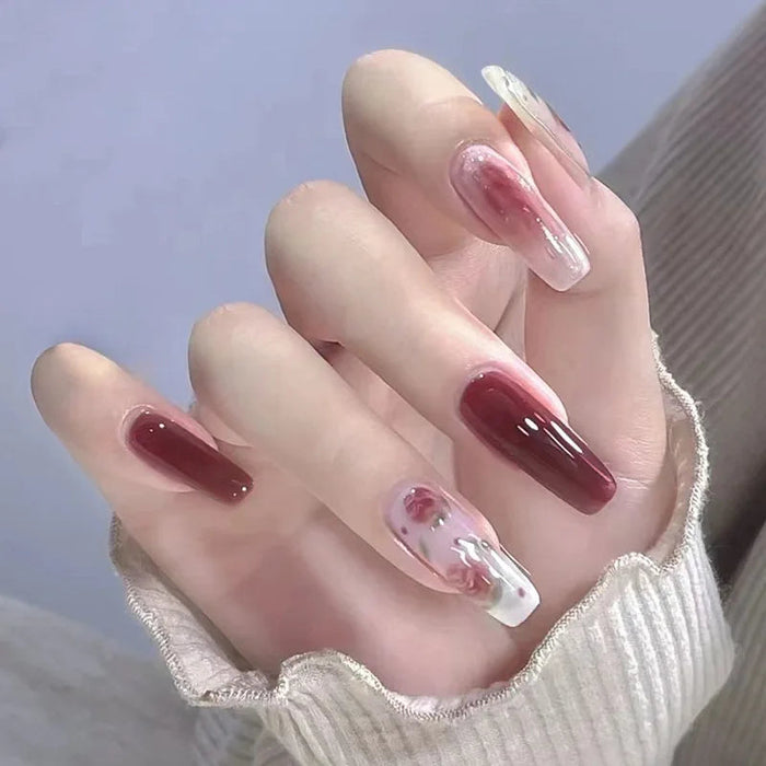 Burgundy Rose Marble Press On Nails with Floral Accents