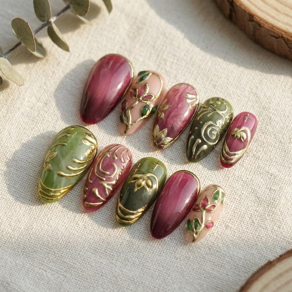 Burgundy, Rose & Sage Botanical Nails With Gold Scrollwork