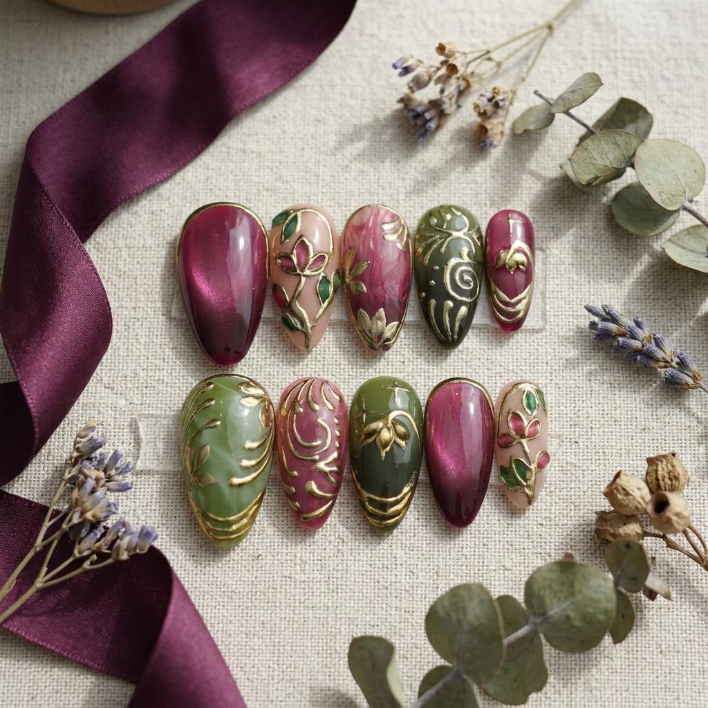 Burgundy, Rose & Sage Botanical Nails With Gold Scrollwork